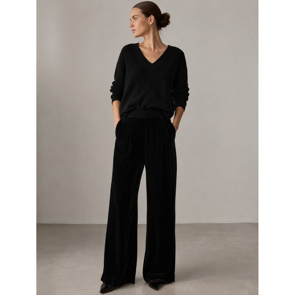 ME+EM Velour Black Cotton Blend Velvet Wide Leg Trousers- Size 12